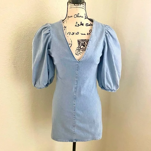 Zara denim dress with puffy sleeves hot sale